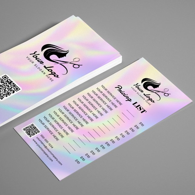 Preisliste für elegante Holographic Hair Salon-Log Werbekarte (Von Creator hochgeladen)