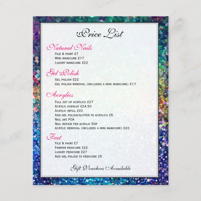 Preisliste für farbige Glitzer Flyer (Vorne)
