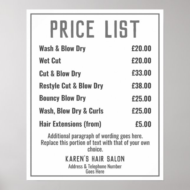 Preisliste für Friseursalon Poster (Vorne)