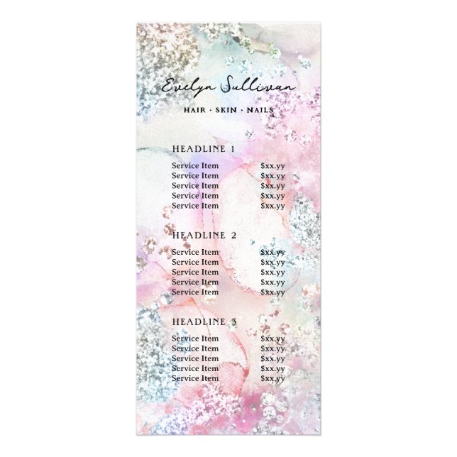 Preisliste für Imitate irisierende Aquarellfarben  Werbekarte (Vorne)