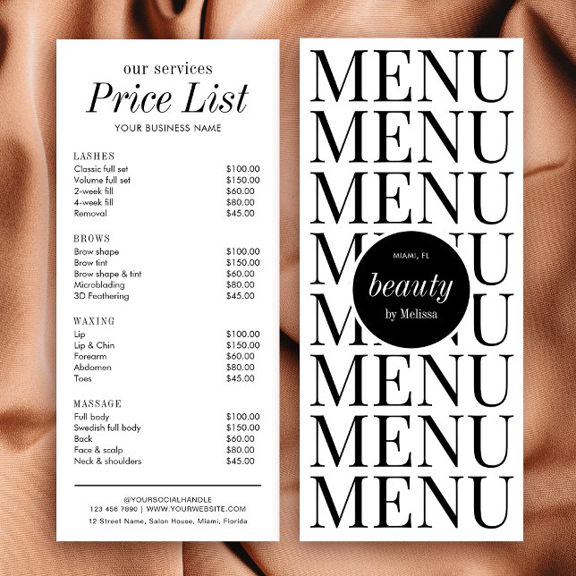 Preisliste für Minimalistische Friseursalon-Dienst Werbekarte (minimalist business price list menu cards in black & white design with fully editable text & colors)