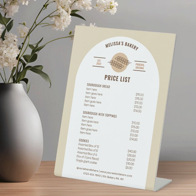 Preisliste für neutrales Beige Brot Sockelschild (Modern beige and white bakery price list menu table top sign with fully editable text & colors)