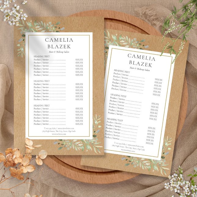 Preisliste für rustikale Foliage 2 - Side Service Flyer (Rustic Foliage 2 Sided Service Menu Price List Flyer)