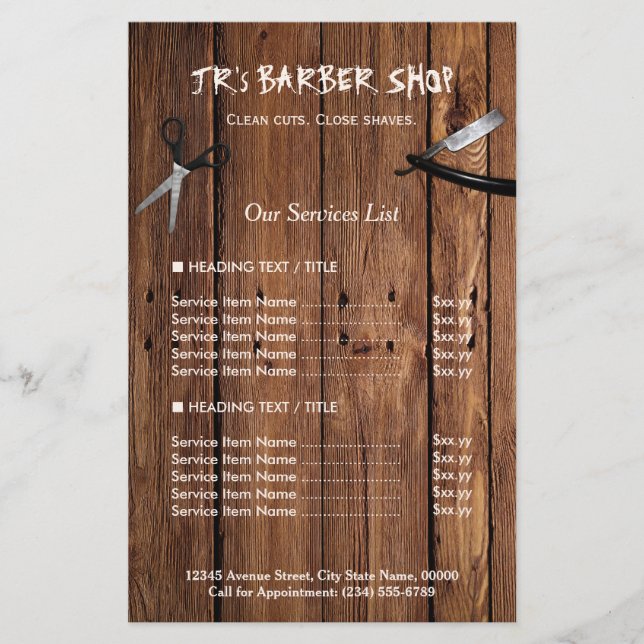 Preisliste für rustikale Holzschau-Friseur-Shop-Di Flyer (Vorne)