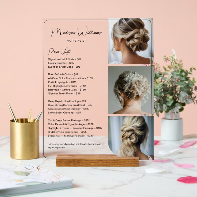 Preisliste für Salon Hair Stylist Services Acrylschild (Hochzeit)