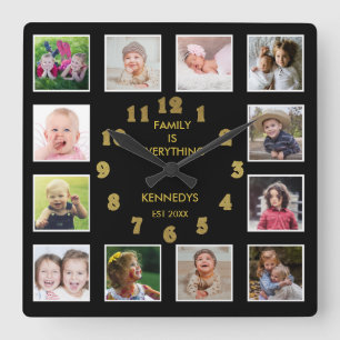 Preisliste für Schwarz-Gold-Familien 12 FotoCollag Quadratische Wanduhr