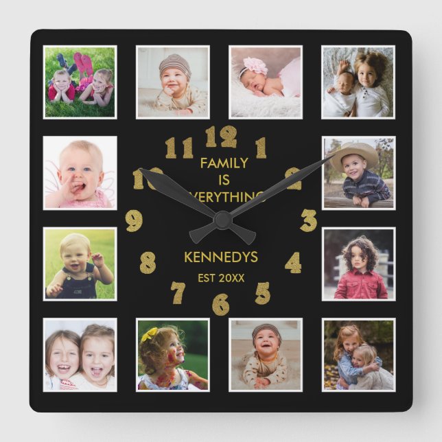 Preisliste für Schwarz-Gold-Familien 12 FotoCollag Quadratische Wanduhr (Vorderseite)