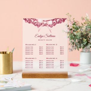 Preisliste für Vintagen Glitzer Frame Pink Bow Acrylschild