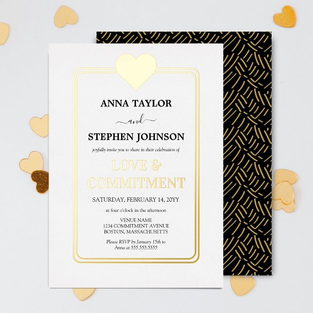 Preisverleihung für Gold Heart Liebe & Commitment Folieneinladung (Elegant foil gold heart commitment ceremony invitation front and back view.)
