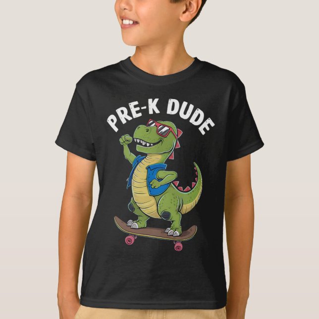 Prek Dude Dinosaur Skateboarding Kids Kindergarten T-Shirt (Vorderseite)