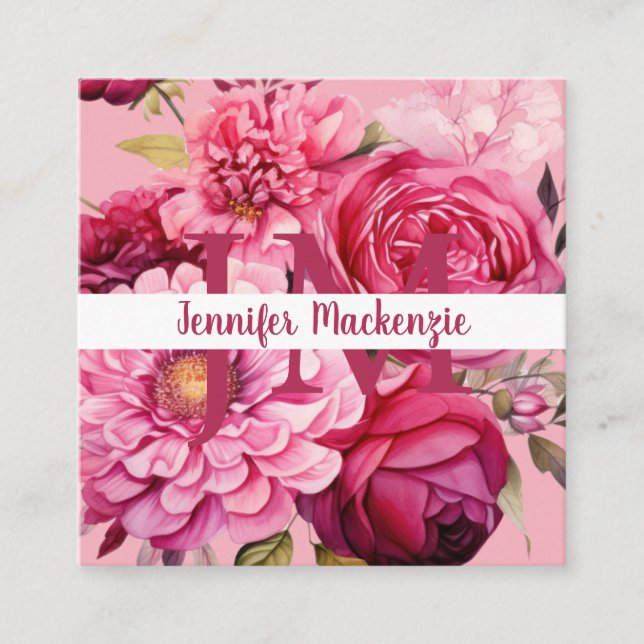 Premier Chic Bright Pink Floral Business Card Quadratische Visitenkarte (Vorderseite)