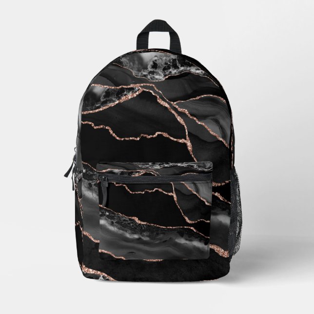 Premier Elegant Black and Rose Gold Agate Backpack Bedruckter Rucksack (Vorderseite)