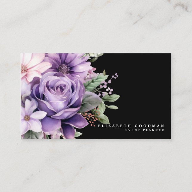 Premier Lila Floral Black Business Cards Visitenkarte (Vorderseite)