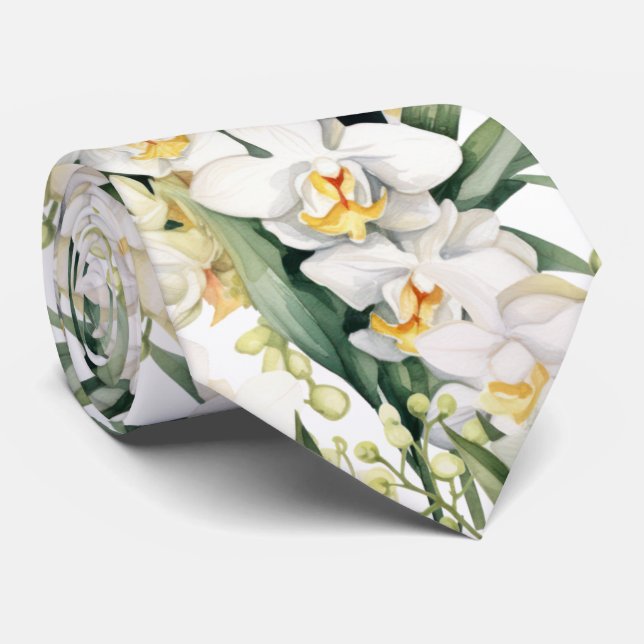 Premier White Orchids Formal Sharp Neck Tie Krawatte (Gerollt)