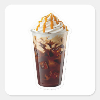 Premium 3D-Eiskaffee mit Karamell-Drip-Sticker Quadratischer Aufkleber