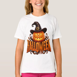 Premium 3D-Halloween-Kürbislogo mit Hexenhut T-Shirt