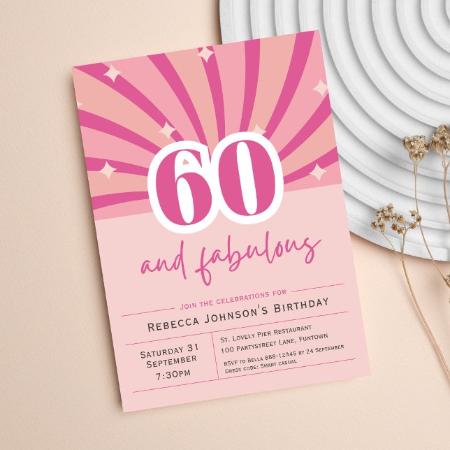 Premium 60. Geburtstag Einladung Rosa Retro (60th birthday Invitation 60 and fabulous retro pink sixty party)