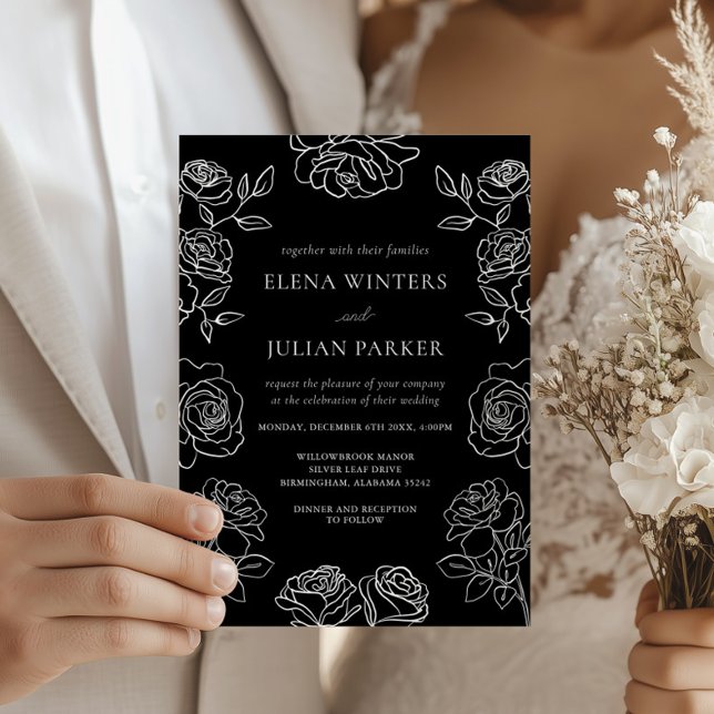 Premium Black And White French Roses Wedding Einladung (Von Creator hochgeladen)