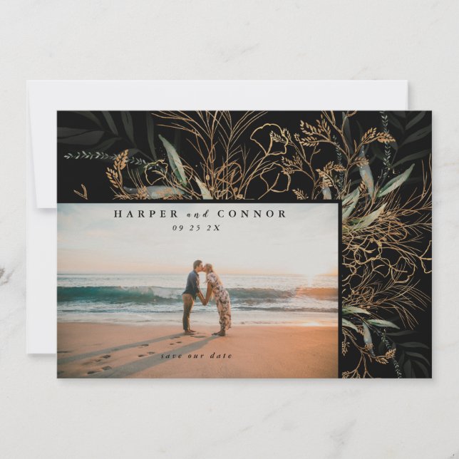 Premium Black Elegant Boho Sage Eukalyptus Foto Save The Date (Vorderseite)