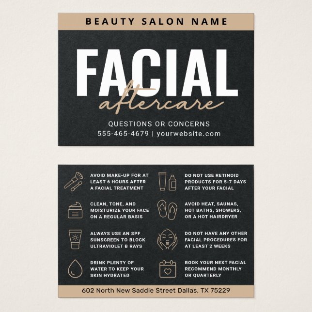 Premium Black Facial Aftercare Instruction Ad Card (Vorne & Hinten)