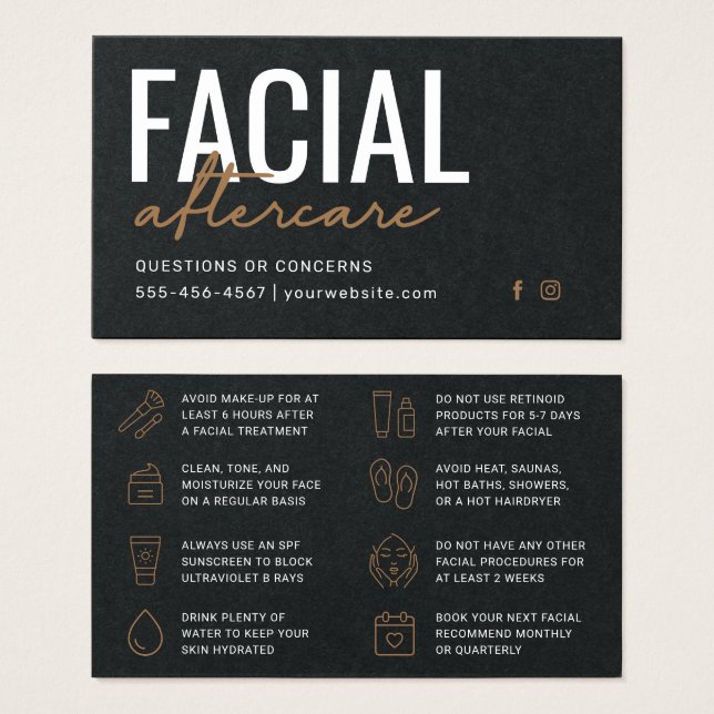 Premium Black Facial Aftercare Instructions Card (Vorne & Hinten)