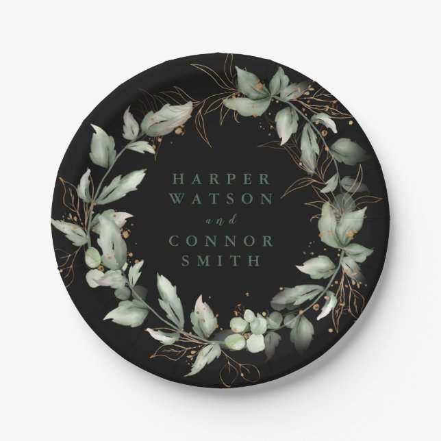 Premium Black Gold Botanical Eukalyptus Greenery Pappteller (Vorderseite)