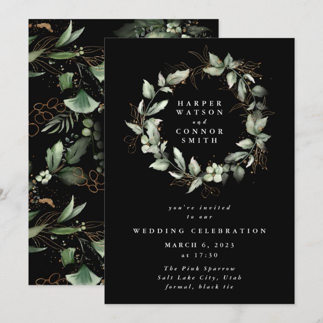 Premium Black Gold Eukalyptus Wreath Greenerity Mo Einladung (Vorne/Hinten)