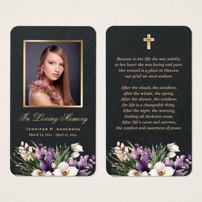 Premium Black Gold Floral Memorial Cards (Vorne & Hinten)