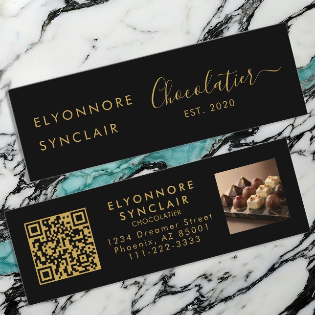 Premium Black Gold Script Chocolatier QR Code Mini Visitenkarte (Von Creator hochgeladen)