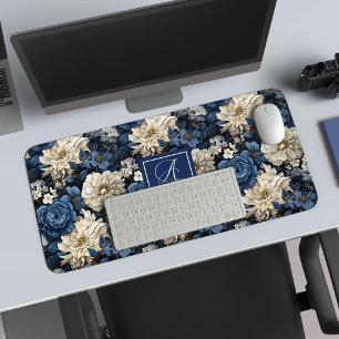 Premium Blau Weiße Blumen Benutzerdefinierter Name Schreibtischunterlage