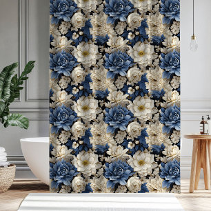 Premium Blau Weiße Elfenbein Blumen Duschvorhang