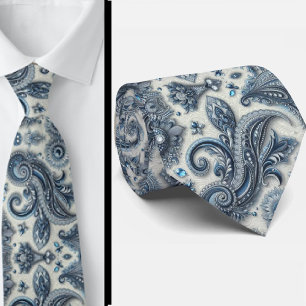 Premium Blaue und Weiße Diamant Paisley Krawatte