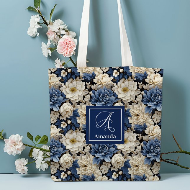 Premium Blue White Flowers Benutzername Tragetasch (Premium Blue White Flowers Custom Name Tote Bag)