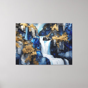 Premium Blue & White Wasserfall Landschaft Maleris Leinwanddruck