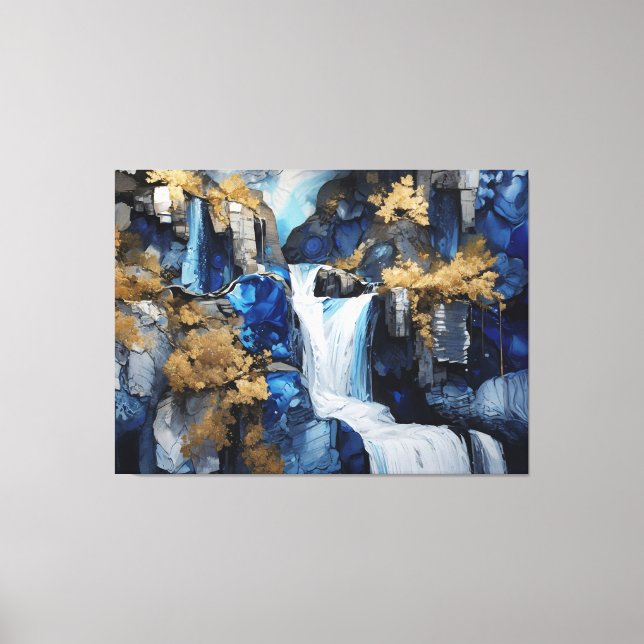 Premium Blue & White Wasserfall Landschaft Maleris Leinwanddruck (Vorderseite)