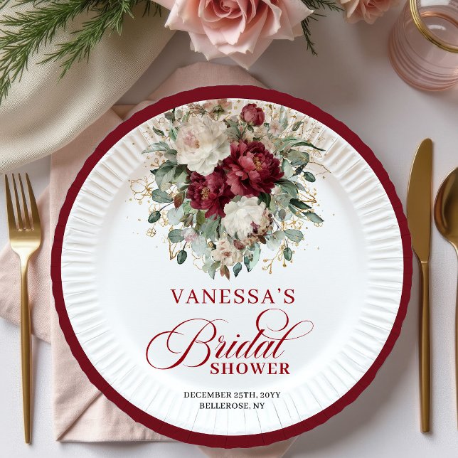 Premium Deep Red Floral Brautparty-Papierteller Pappteller (Premium Deep Red Floral Bridal Shower Paper Plates)