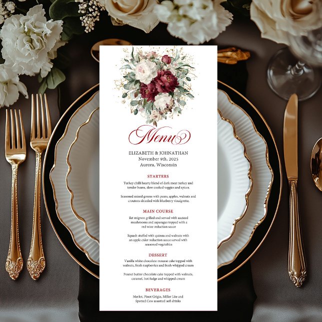 Premium Deep Red Floral Eucalyptus Menükarte (Premium Deep Red Floral Eucalyptus Menu Card)
