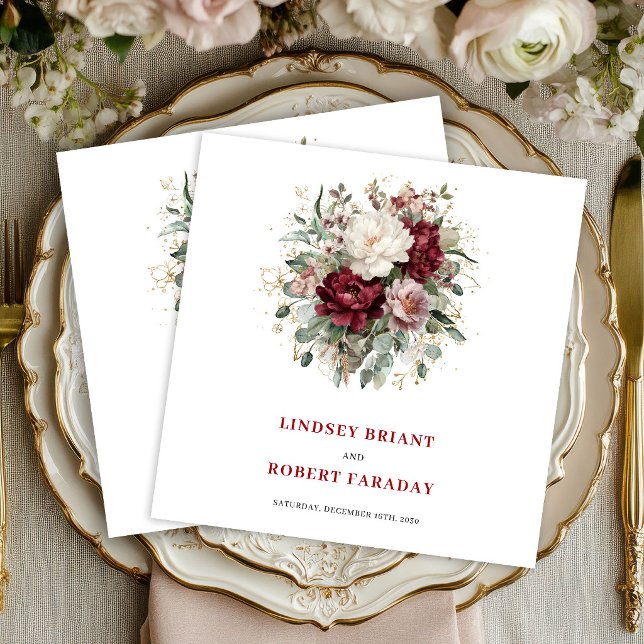 Premium Deep Red Floral Eukalyptus Gold Servietten (Premium Deep Red Floral Eucalyptus Gold Napkins)