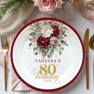 Premium Deep Red Florale 80. Geburtstag Papier Tel Pappteller