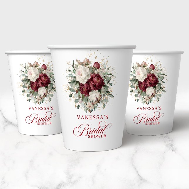 Premium Deep Red Florale Brautparty-Papierbecher Pappbecher (Premium Deep Red Floral Bridal Shower Paper Cups)