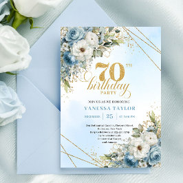 Premium dusty blue florals gold frame 70 birthday einladung