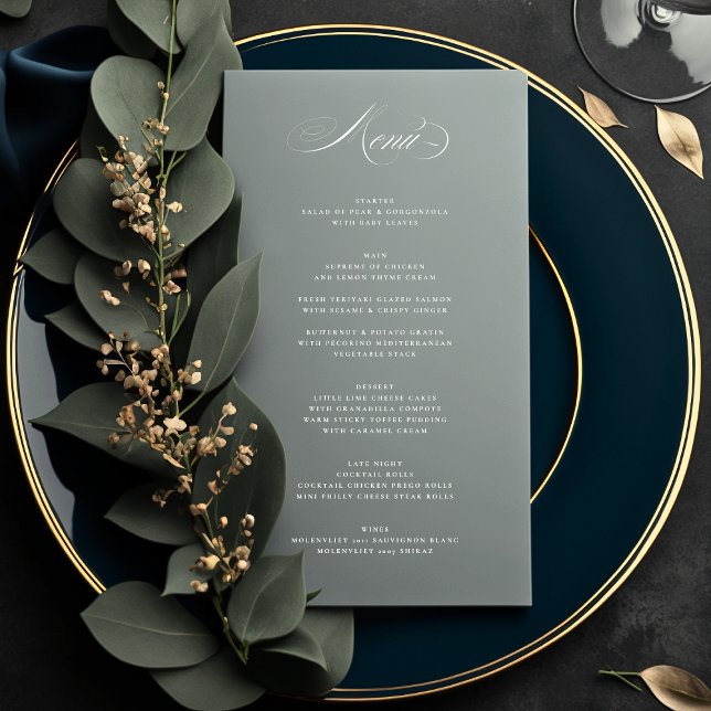 Premium Elegante Calligraphie Gray Green Wedding Menükarte (Von Creator hochgeladen)