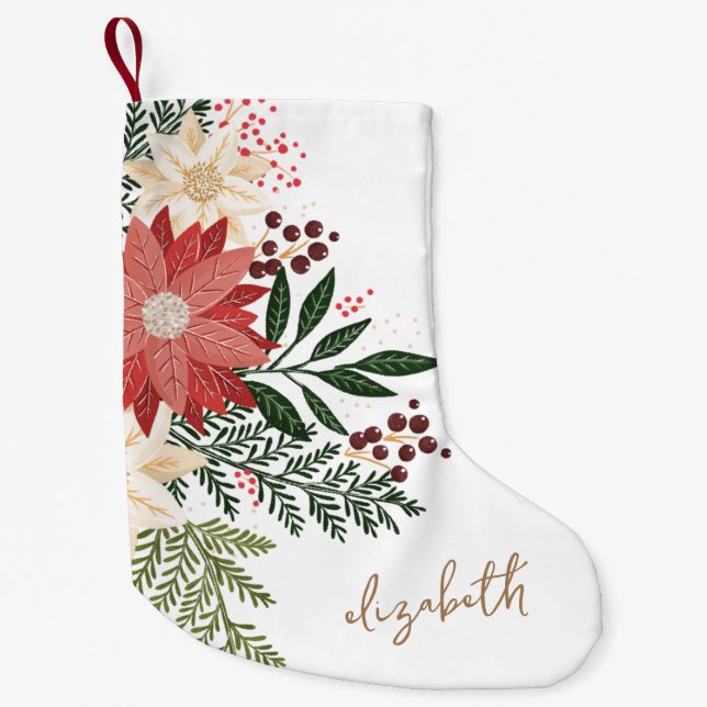 Premium Festival Poinsettia Individuelle Name Holi Kleiner Weihnachtsstrumpf (Vorderseite)