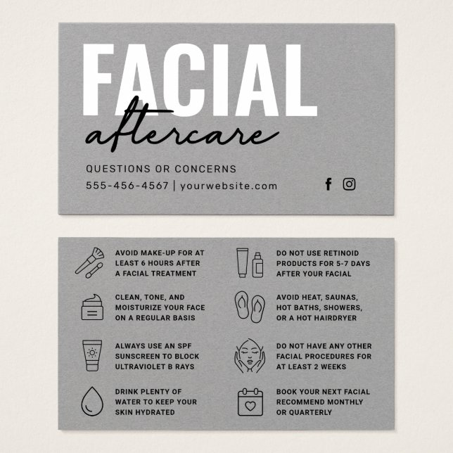 Premium Gray Facial Aftercare Instructions Card (Vorne & Hinten)