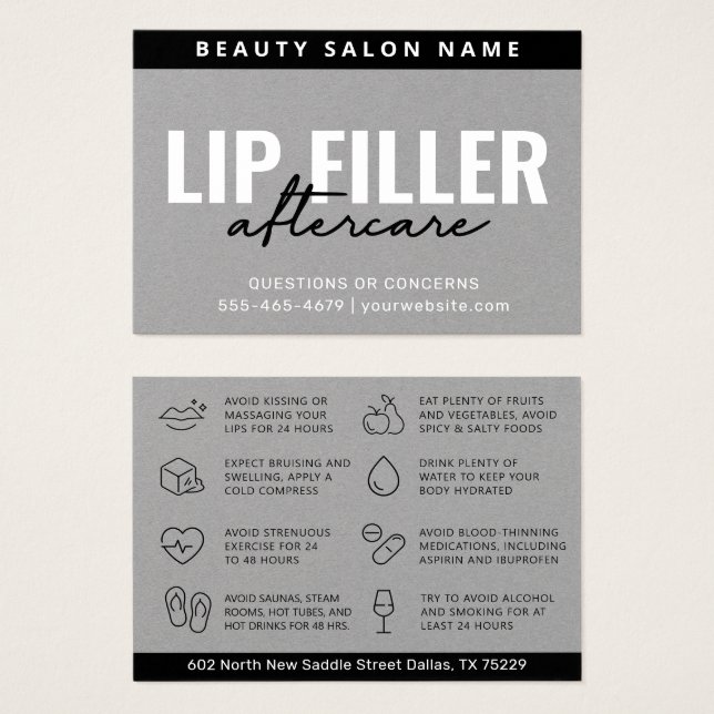 Premium Gray Mighty Lip Filler Aftercare Card (Vorne & Hinten)