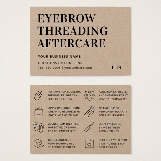 Premium Kraft Eyebrow Threading Aftercare Card (Vorne & Hinten)