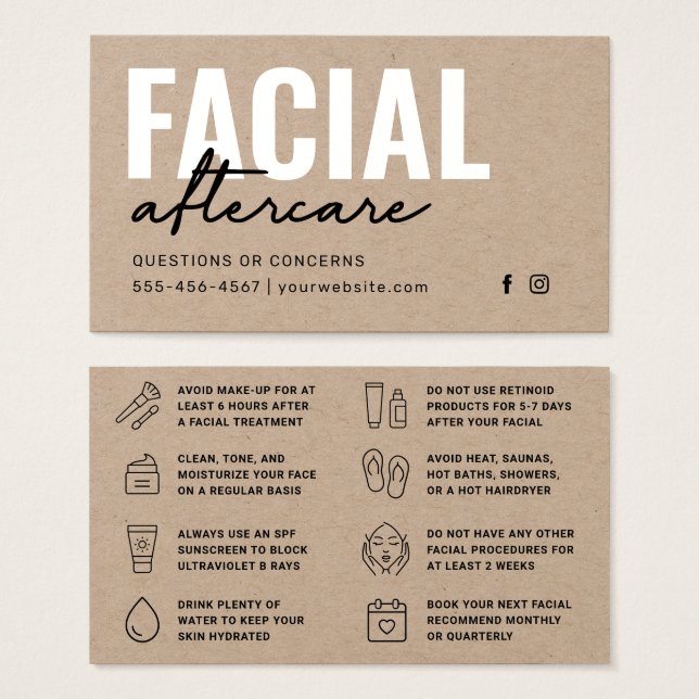 Premium Kraft Facial Aftercare Instructions Card (Vorne & Hinten)
