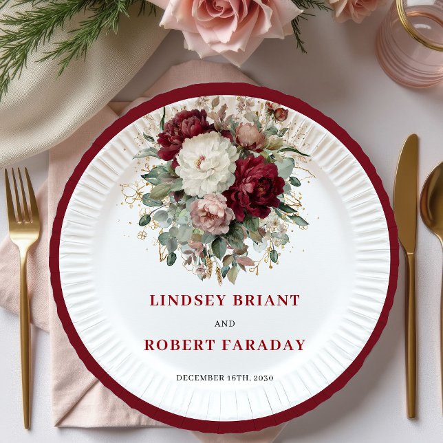 Premium Marone Florale Grünpflanzen Goldene Teller (Premium Maroon Floral Greenery Gold Plates)