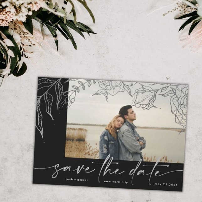 Premium | Modernes Graues Forever Foto Silver Flor Save The Date (Von Creator hochgeladen)