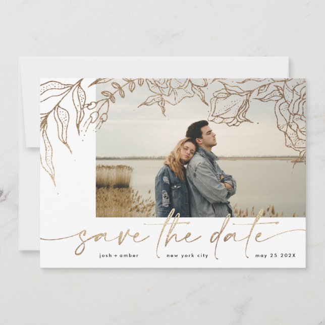 Premium | Modernes White Forever Foto Gold Floral Save The Date (Vorderseite)